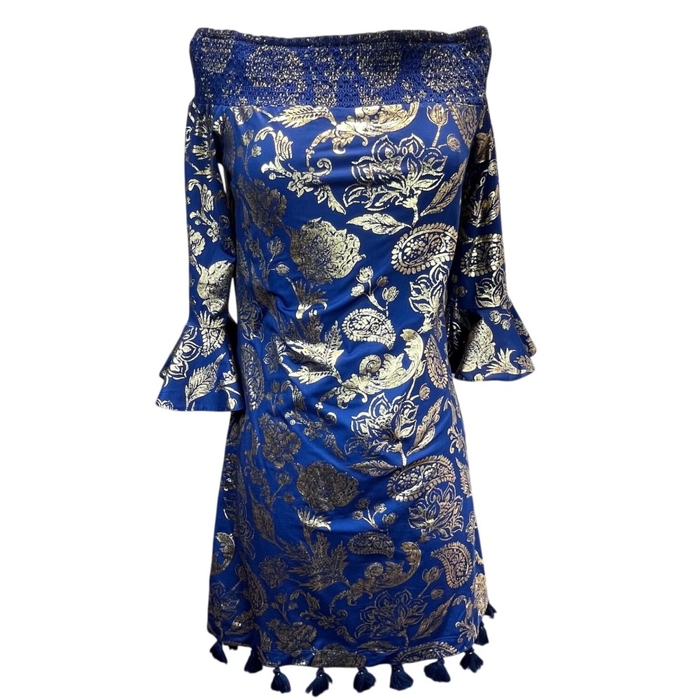NWT Royal Blue Gold Floral Brocade XS Off Shoulder Bell Sleeve Tassel Mini Dress